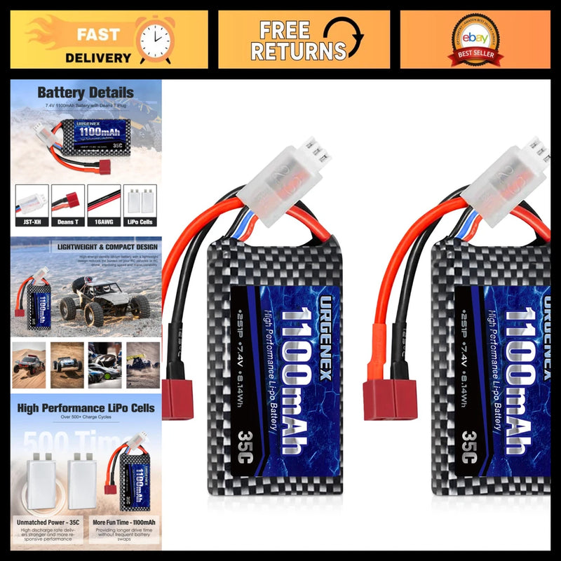 7.4V 1100mAh 35C LiPo Battery with Dean T Plug for 1/10 1/16 RC Cars - Rechargea Battery