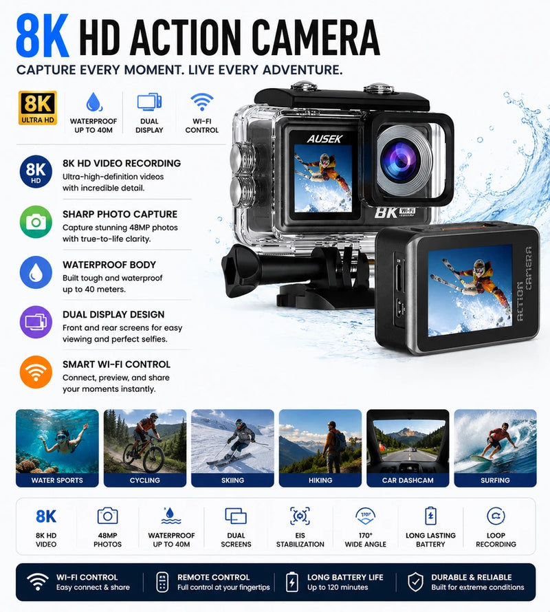 AUSHA 8K Action Camera Dual Screen EIS WiFi Waterproof 50MP Remote Control Vlog