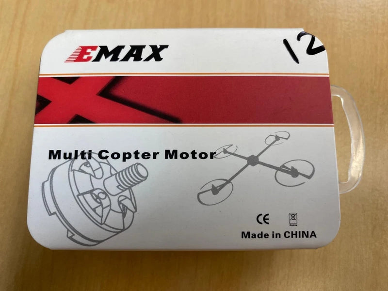 EMAX MT multi copter motor box, red and white packaging, Made in China label