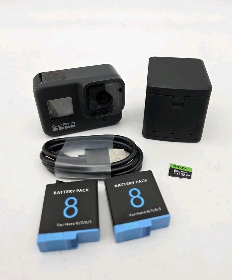 GoPro HERO8 Black action camera kit with two batteries, cables, and battery pack case