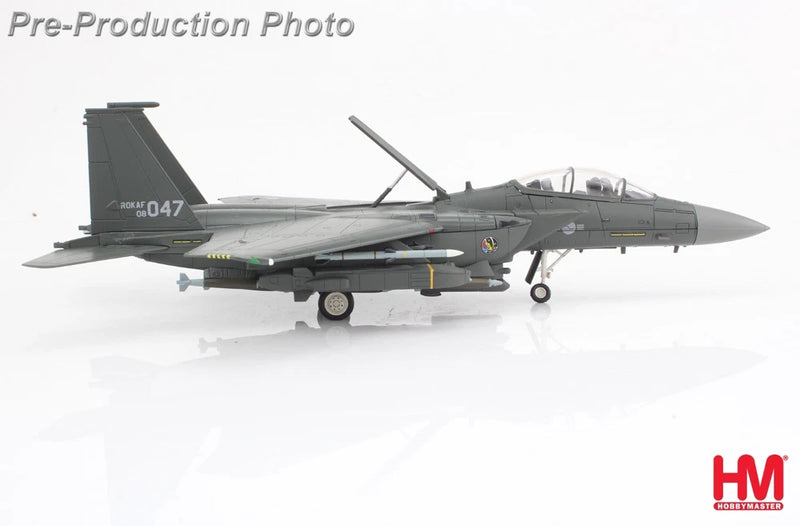 Hobby Master 1:72 F-15K model jet in gray, side view with landing gear and missiles