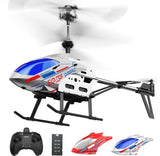 White, blue, and red RC helicopter with black landing skids and handheld remote controller