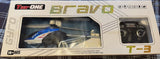 Electric blue and white RC helicopter toy in retail box, visible rotor blades