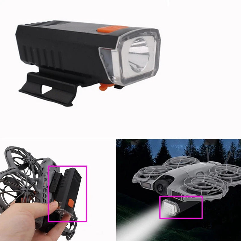LED drone spotlight accessory, black housing with orange indicator and clear lens