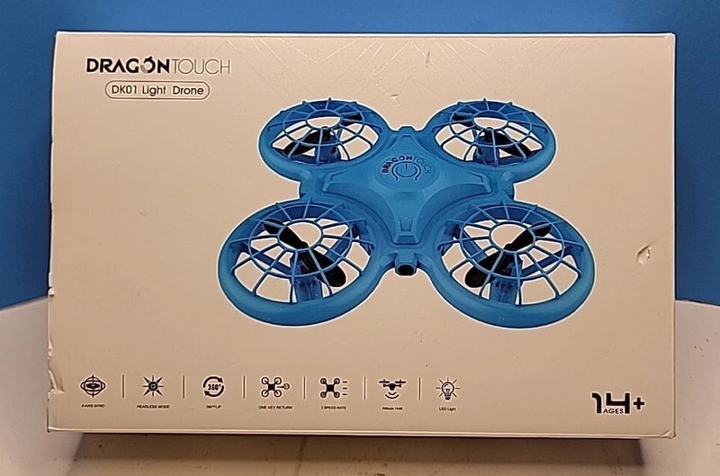 Dragon Touch mini drone DK01 retail box with top-down quadcopter illustration