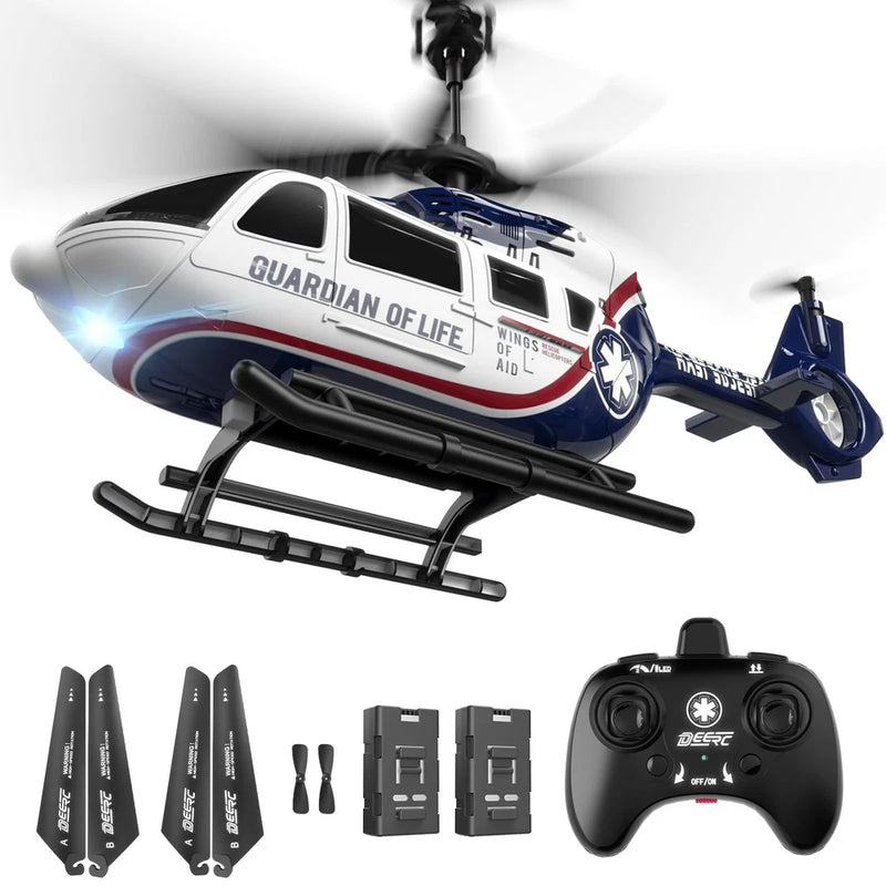 Blue and white rescue RC helicopter with 'Guardian of Life' decals, with DEERC controller