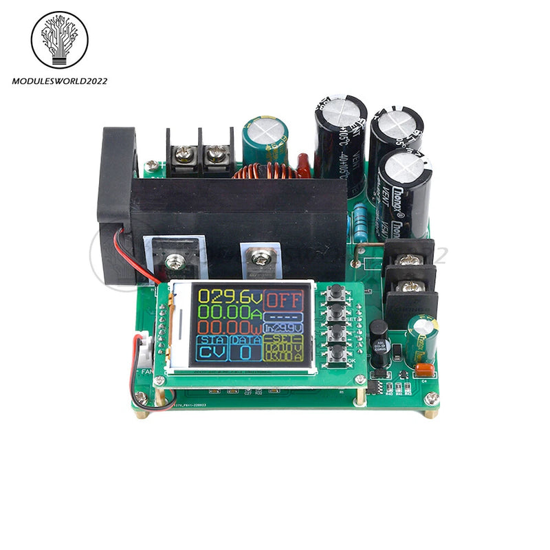 DC DC boost power module with LCD display, terminals, capacitors and heat sink