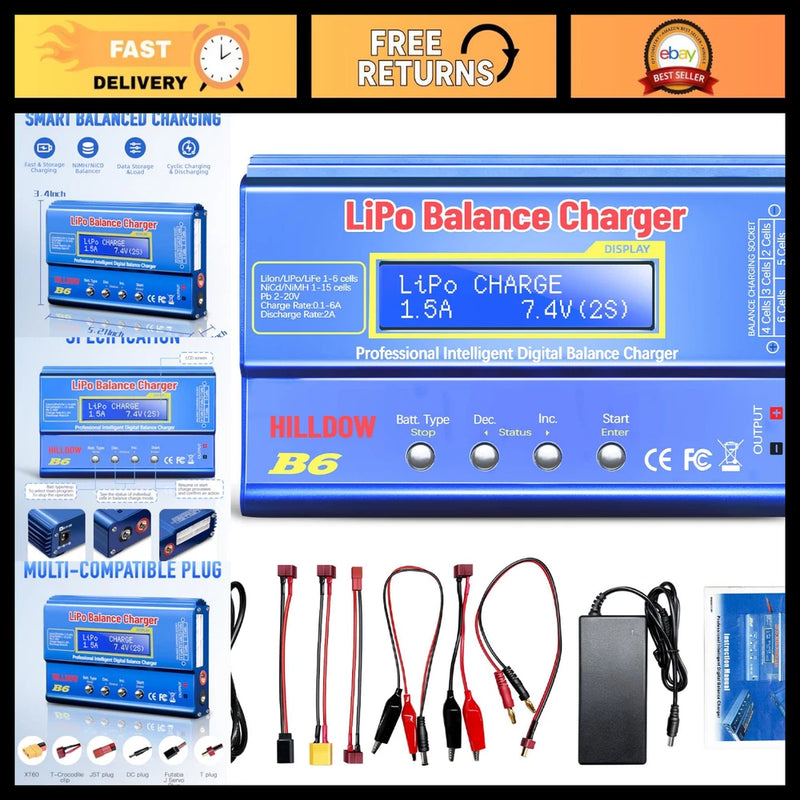 80W Mini Lipo Balance Charger/Discharger with Power Supply for RC Cars, LiPo, Ni Battery