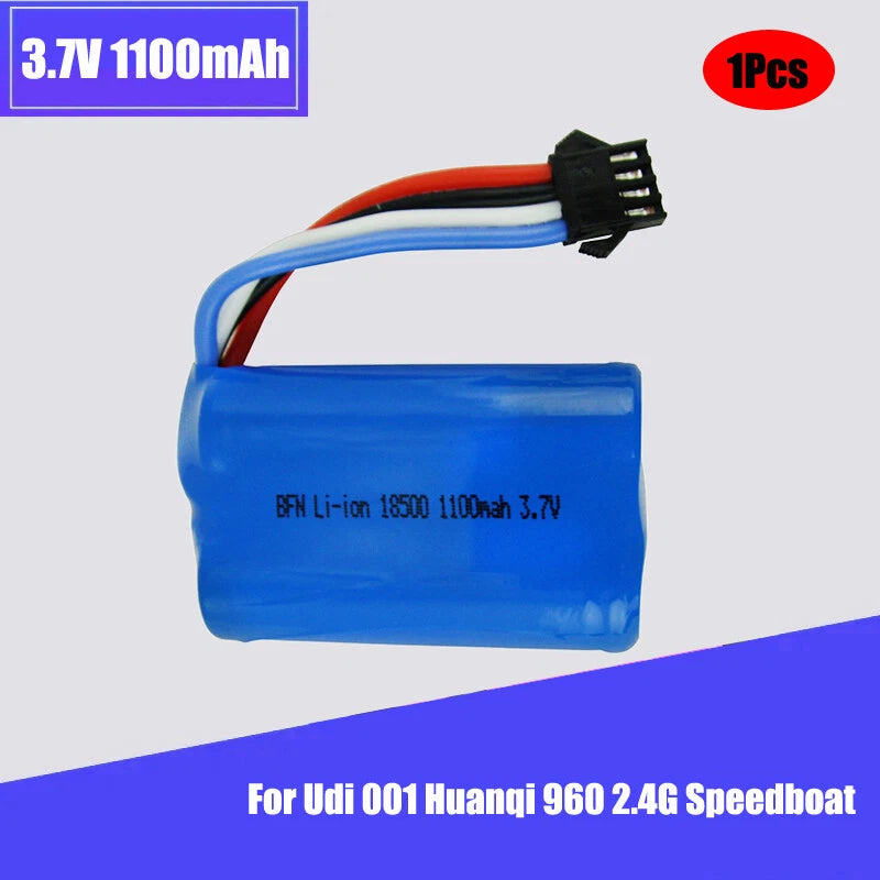 3.7V 1100mAh Li-ion speedboat battery pack with black 4-pin connector, blue case