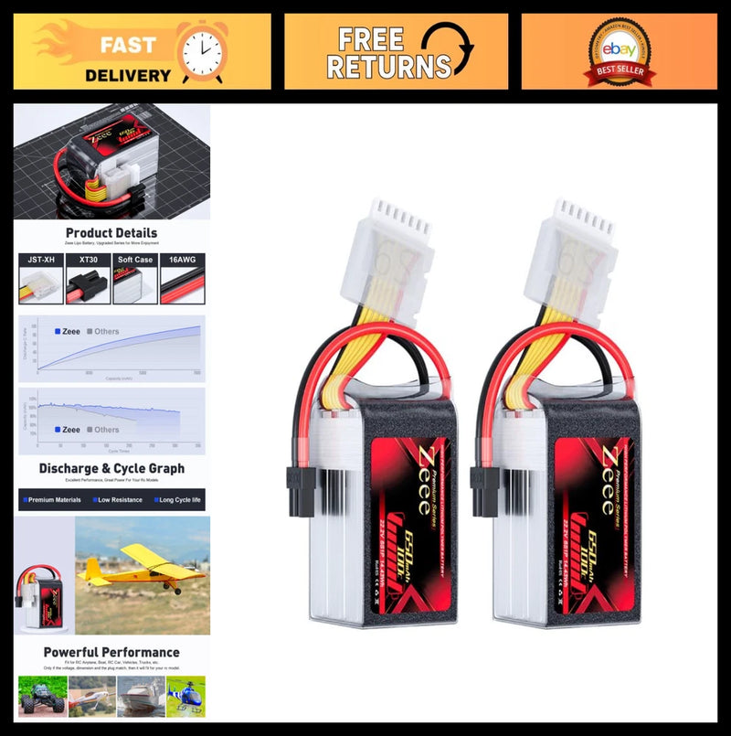 Premium 6S Lipo Battery 650mAh 22.2V 100C XT30 Plug for FPV Racing Drone RC (2 P Battery