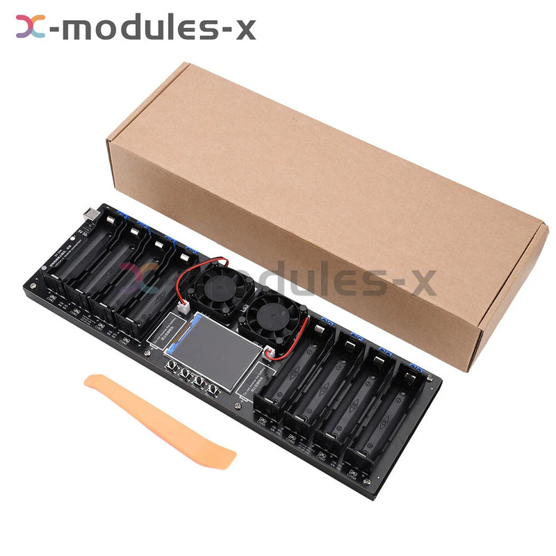 Battery capacity tester for 18650/21700 cells, black module with fan and sockets
