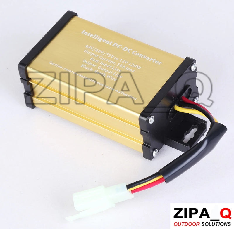 DC/DC step-down converter module with gold casing and black terminal, with red/black/yellow wires