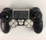 Black FPV drone controller with dual thumb sticks and button panel, LCD status screen