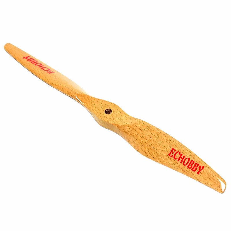 Wooden RC propeller with ECHOBBY branding, light wood finish, two-blade style