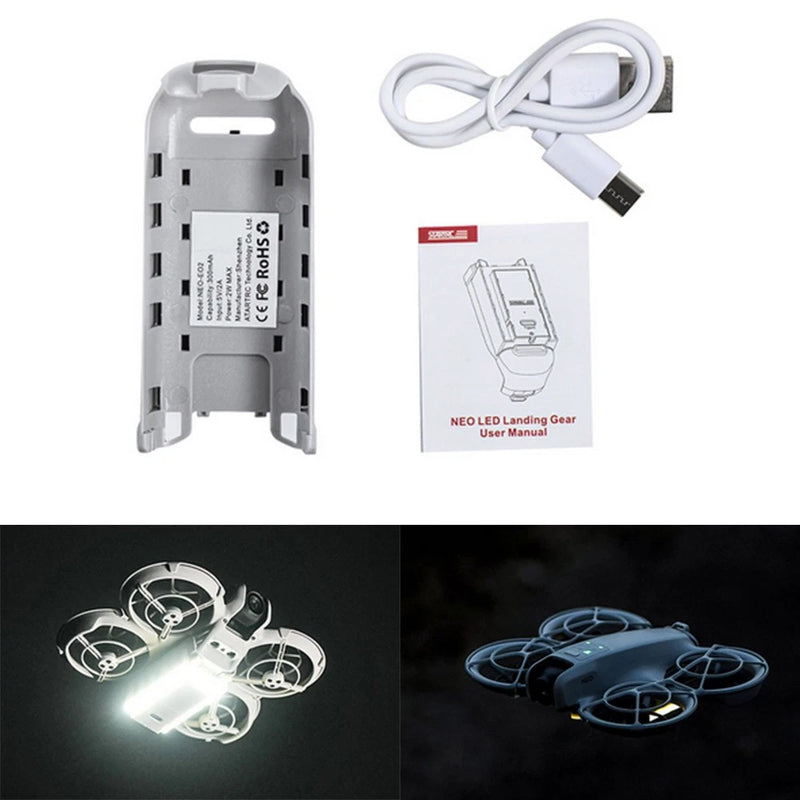 LED drone landing gear base with attached white cable