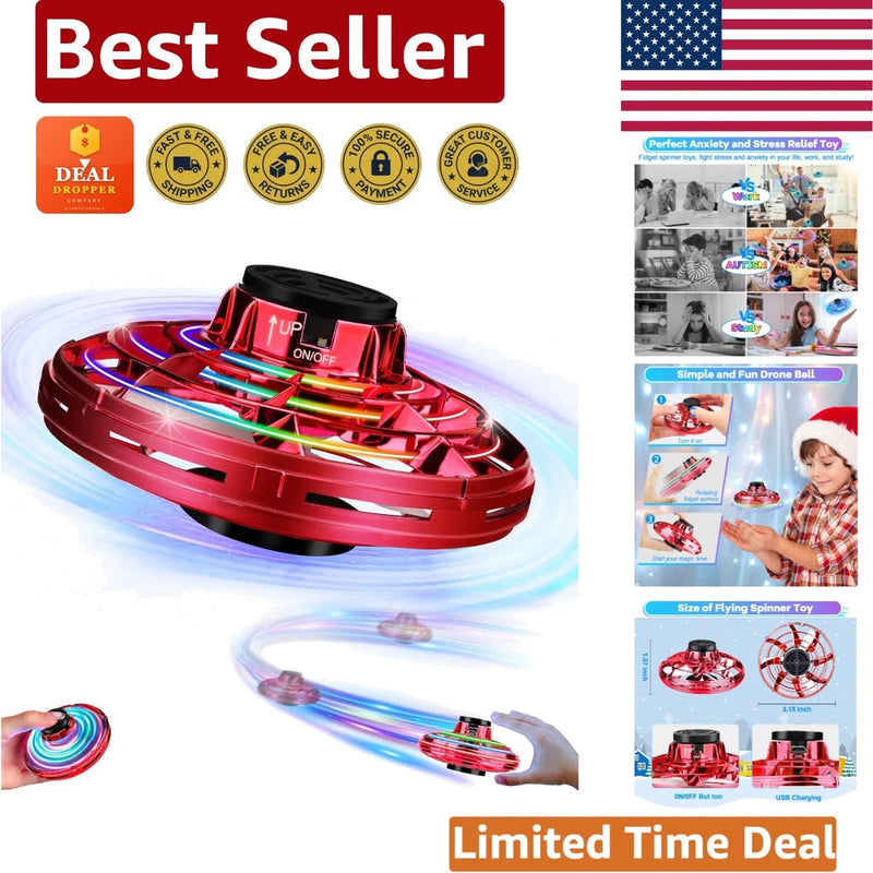 Red rechargeable mini flying drone with LED lights and circular propeller frame