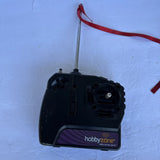 Black handheld remote control transmitter with antenna and HobbyZone logo