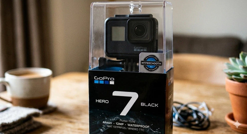Black GoPro HERO7 action camera in retail box with waterproof branding