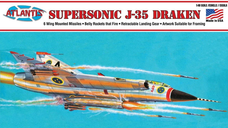 1/48 scale J-35 Draken supersonic fighter jet model with wing-mounted missiles