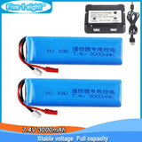 7.4V 3000mAh blue transmitter battery pack with red/black leads, two batteries shown