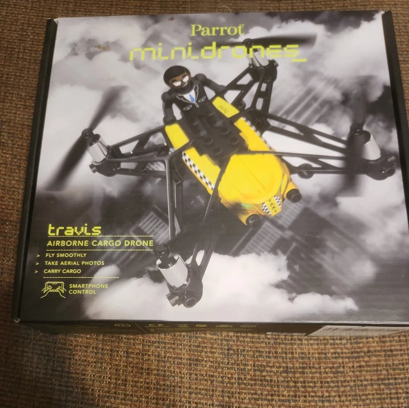 Parrot mini drone retail box featuring Travis airborne cargo drone artwork