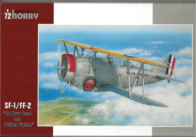 1/72 scale US Navy scout trainer biplane model kit box art, gray fuselage with red nose