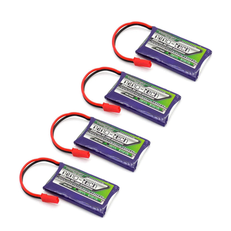 Set of four purple 1S LiPo batteries with red JST connectors and balance labels
