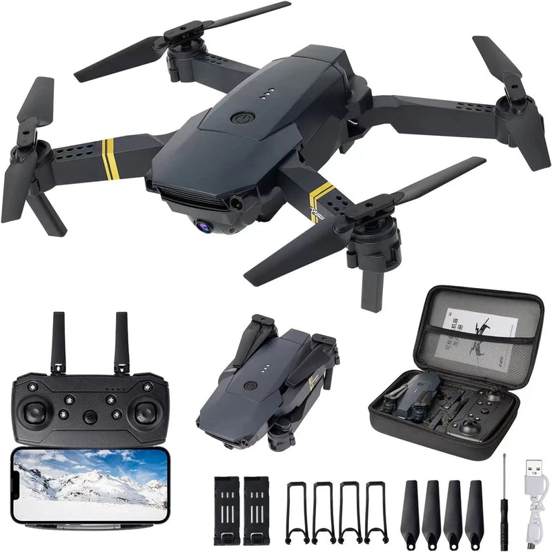 Foldable quadcopter drone kit with remote controller, screen, and carrying case