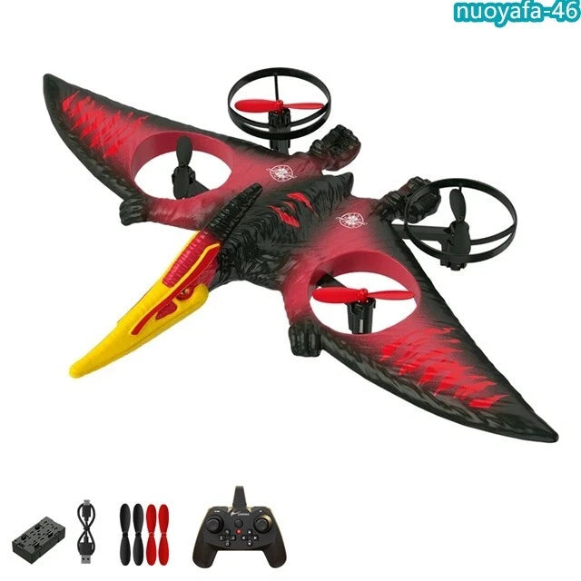 RC pterosaur fixed-wing drone with red propellers and black body, 4CH controller set