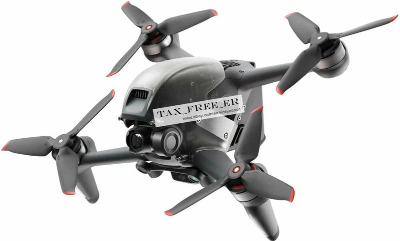 DJI FPV camera drone with four propellers, gray body, front camera lens and gimbal