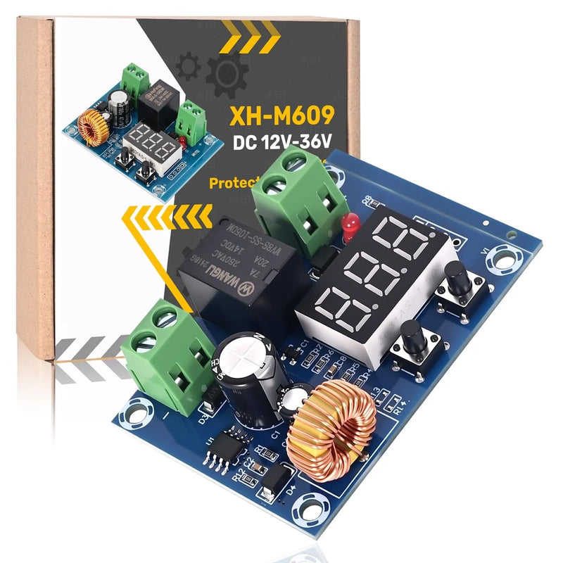 DC low-voltage disconnect switch module with blue circuit board, green terminals, red button