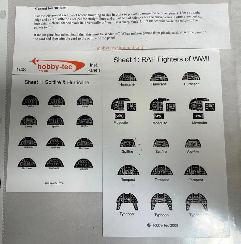 1/48 RAF WWII fighter instrument panel decal sheets with multiple cockpit dials