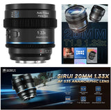 SIRUI 20mm T1.8 1.33x anamorphic lens with blue neutral flare, black metal body