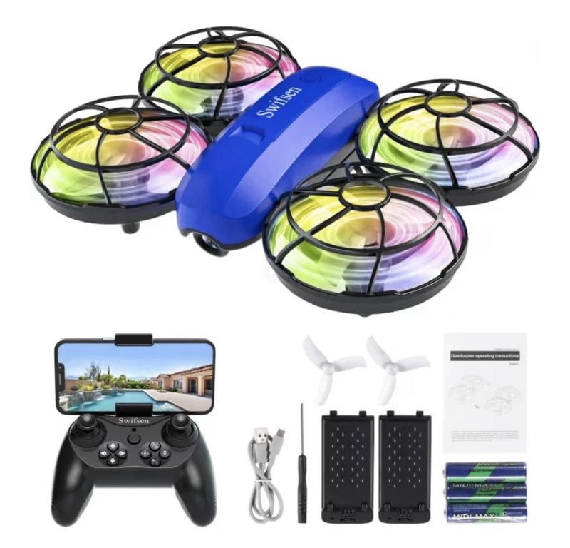 Blue foldable quadcopter drone toy with prop guards, plus controller and accessories