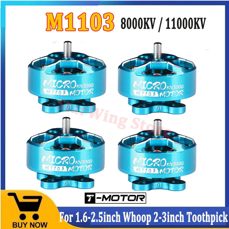T-MOTOR M1103 brushless FPV motor, blue aluminum body, 2S–3S
