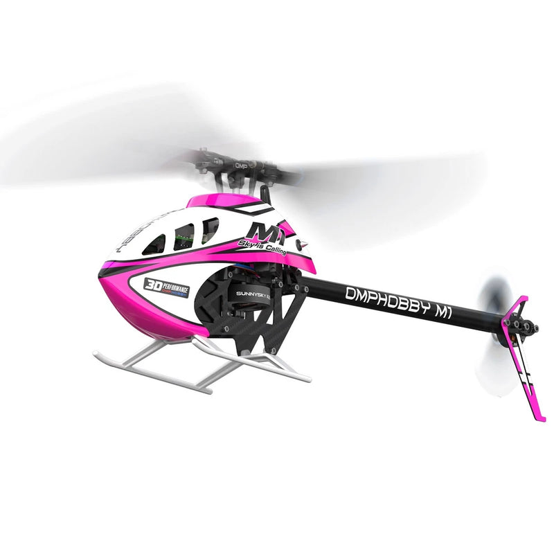 Pink 3D RC helicopter with skids and tail boom, adult model