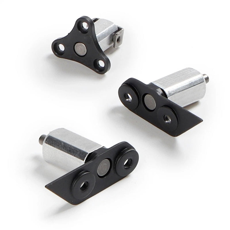 Drone front and rear motor pivot arm parts, black mounts with silver metal pins