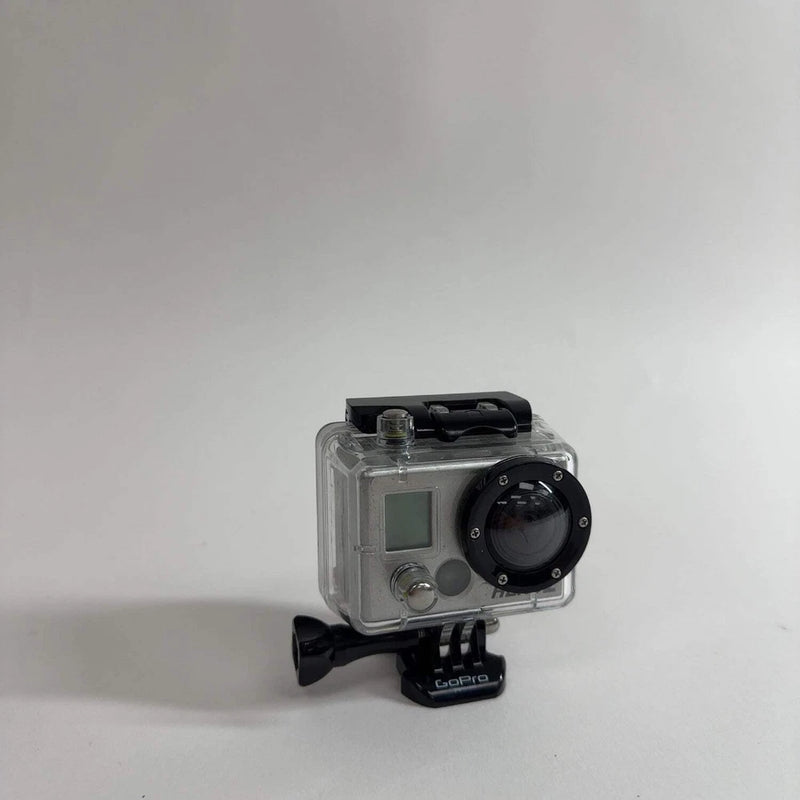 GoPro action camera in clear waterproof case with front lens and small LCD screen