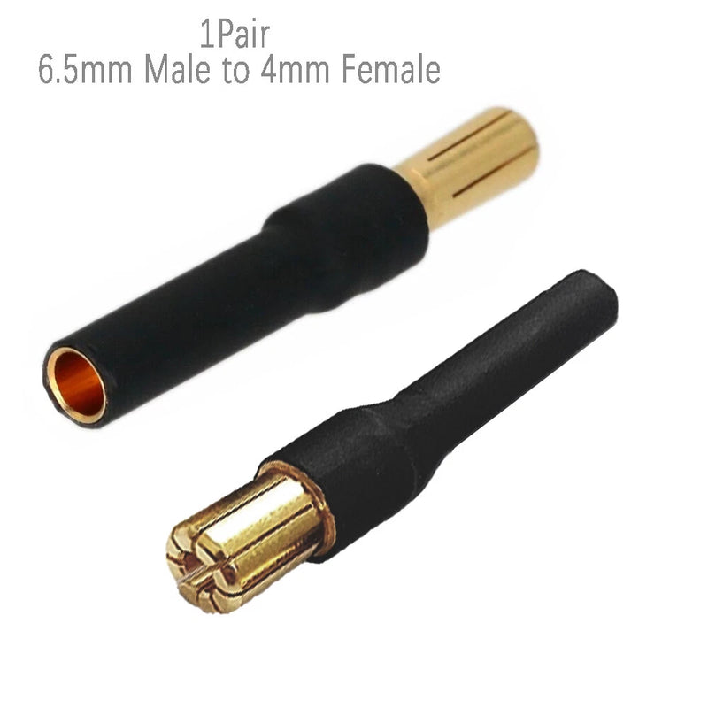 6.5mm male to 4mm female bullet connector adapter, black cable ends with gold contacts