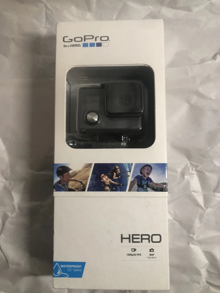 Sealed GoPro HERO action camera retail box with waterproof label