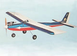 RC sport/trainer airplane model with blue, red, and tan wings and star-mark tail