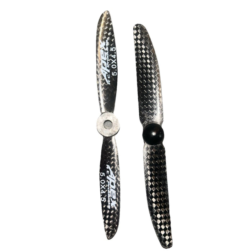 Set of two drone propellers, black carbon-fiber style with diamond texture, black hubs