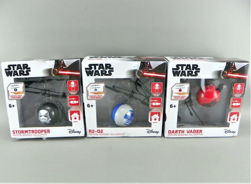 Star Wars motion-sensing RC helicopter lot in retail boxes, Stormtrooper, R2-D2, Vader