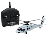 Electric RC UH-60 helicopter with black transmitter and gray "NAVY" fuselage