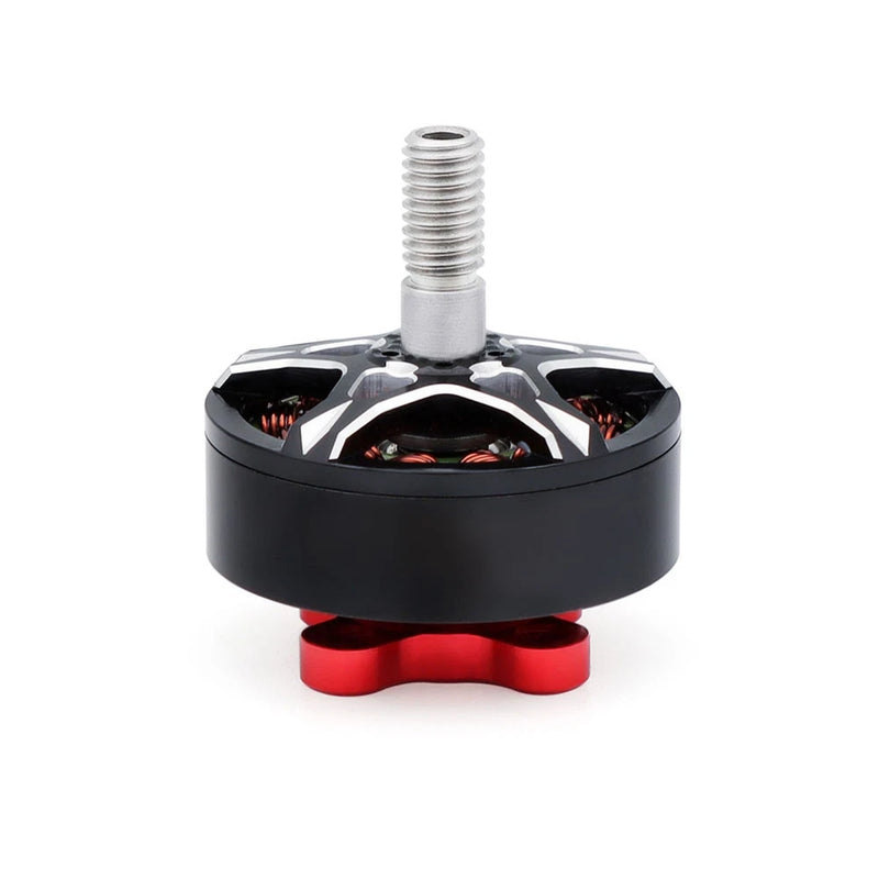 Brushless motor with threaded shaft, black housing, red mounting ring