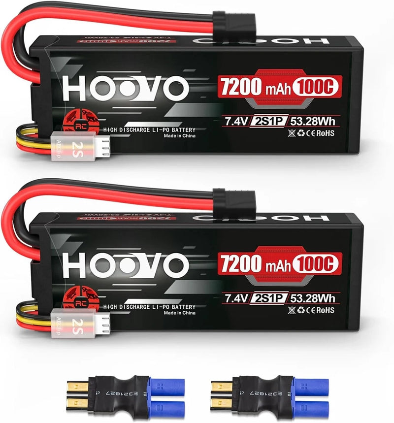 2S Lipo Battery 7.4V 7200mAh 100C RC Lipo Battery Pack TR Plug 2 Pack Hard Case Battery
