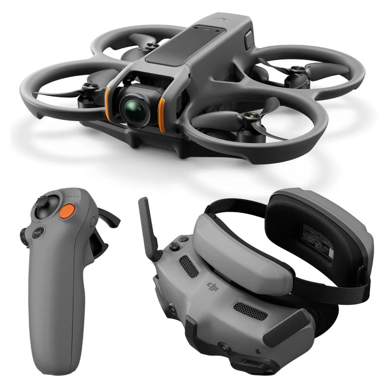 FPV drone with camera, controller, and goggles in gray