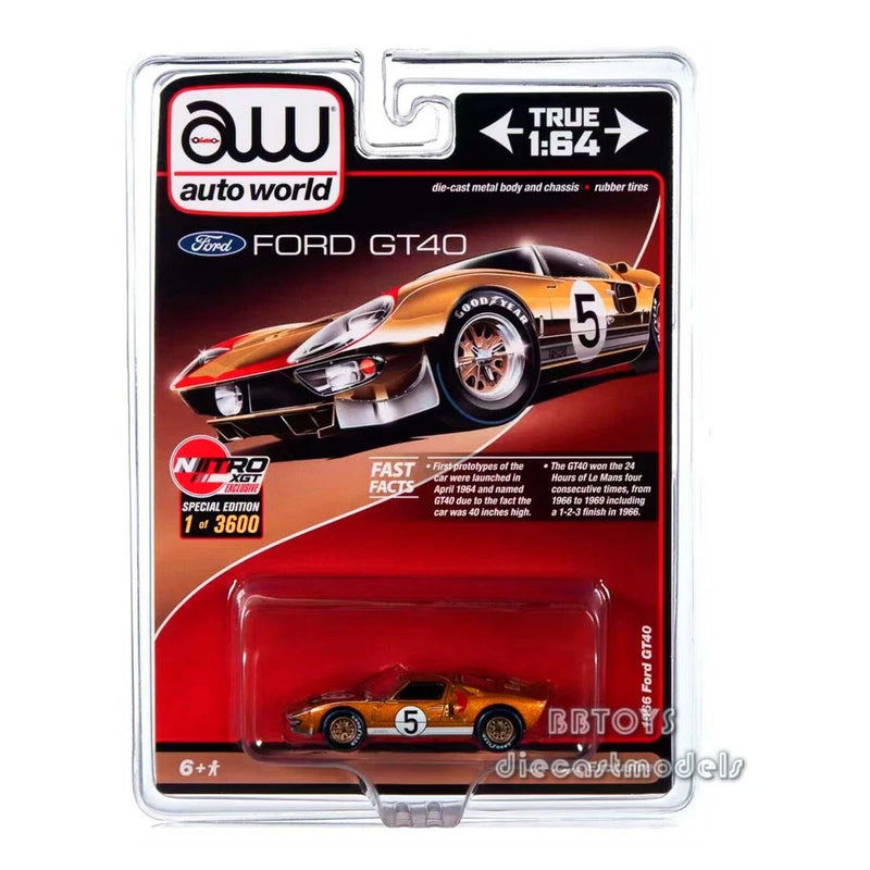 1966 FORD GT40 RHD #5 GOLD 1/64 DIECAST MODEL CAR BY AUTO WORLD CP7923