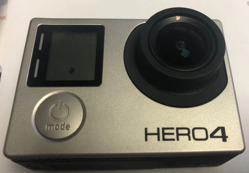 GoPro HERO4 Black action camera front with lens and touchscreen, HERO4 text