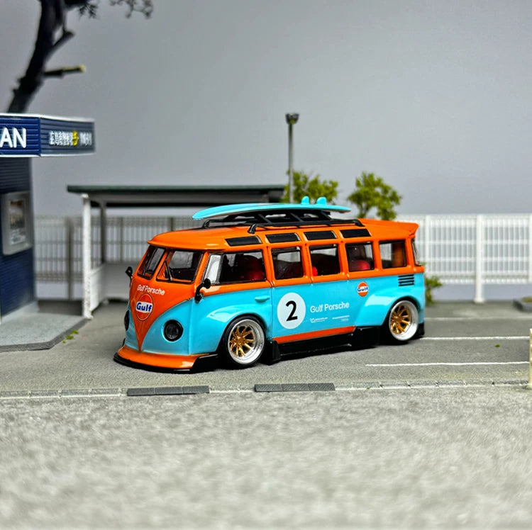 1/64 VW T1 Bus model van with roof surfboard, blue/orange Gulf livery, number 2